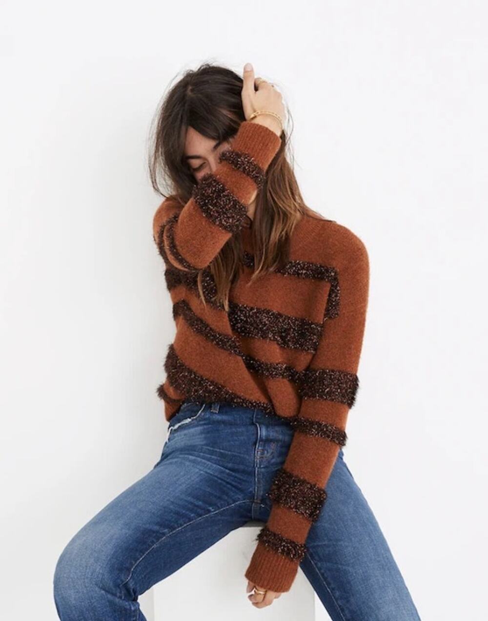 Madewell Metallic Stripe Sweater XS Copper Crewneck Tinsel Sparkly Party